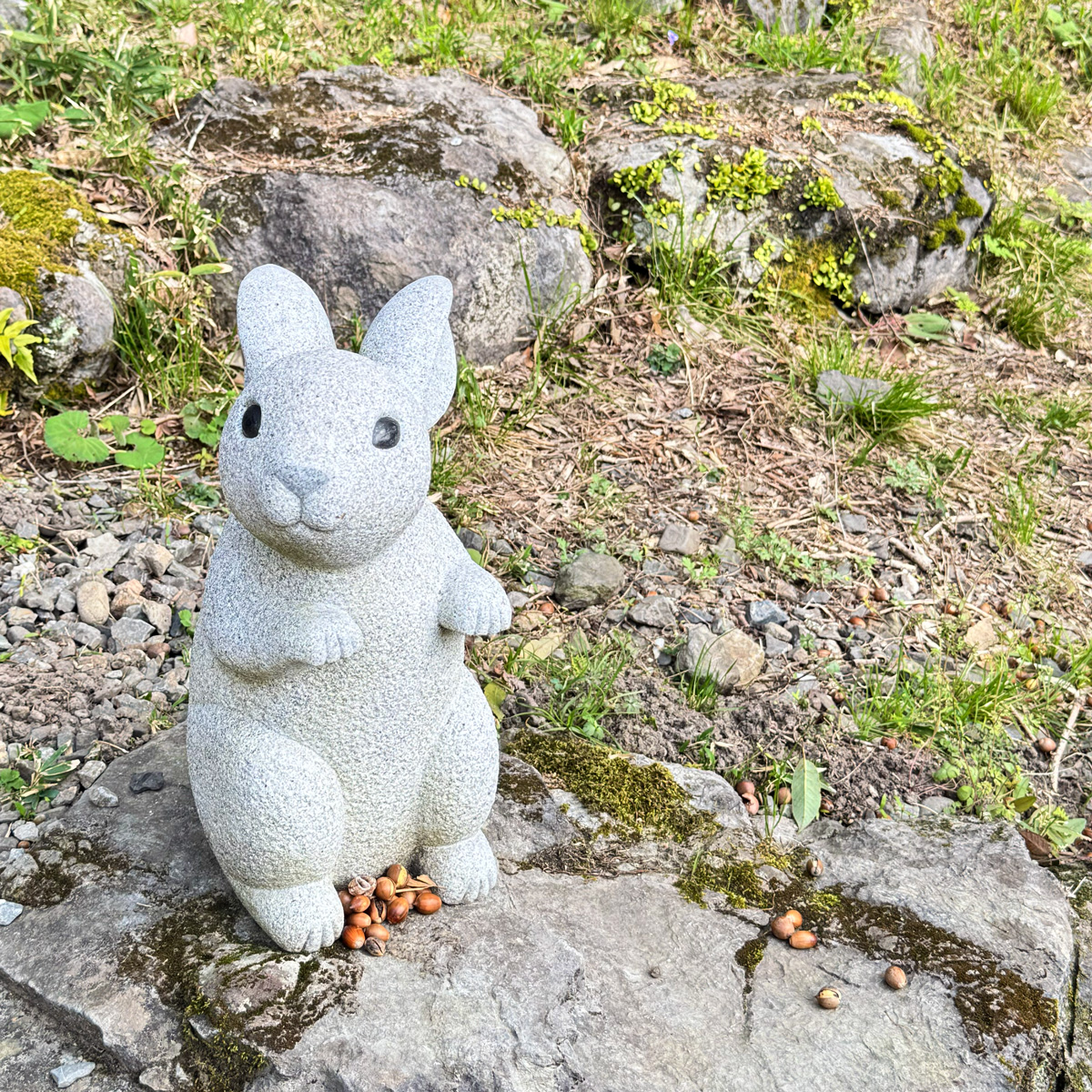 A rabbit statue with acorns in front of it