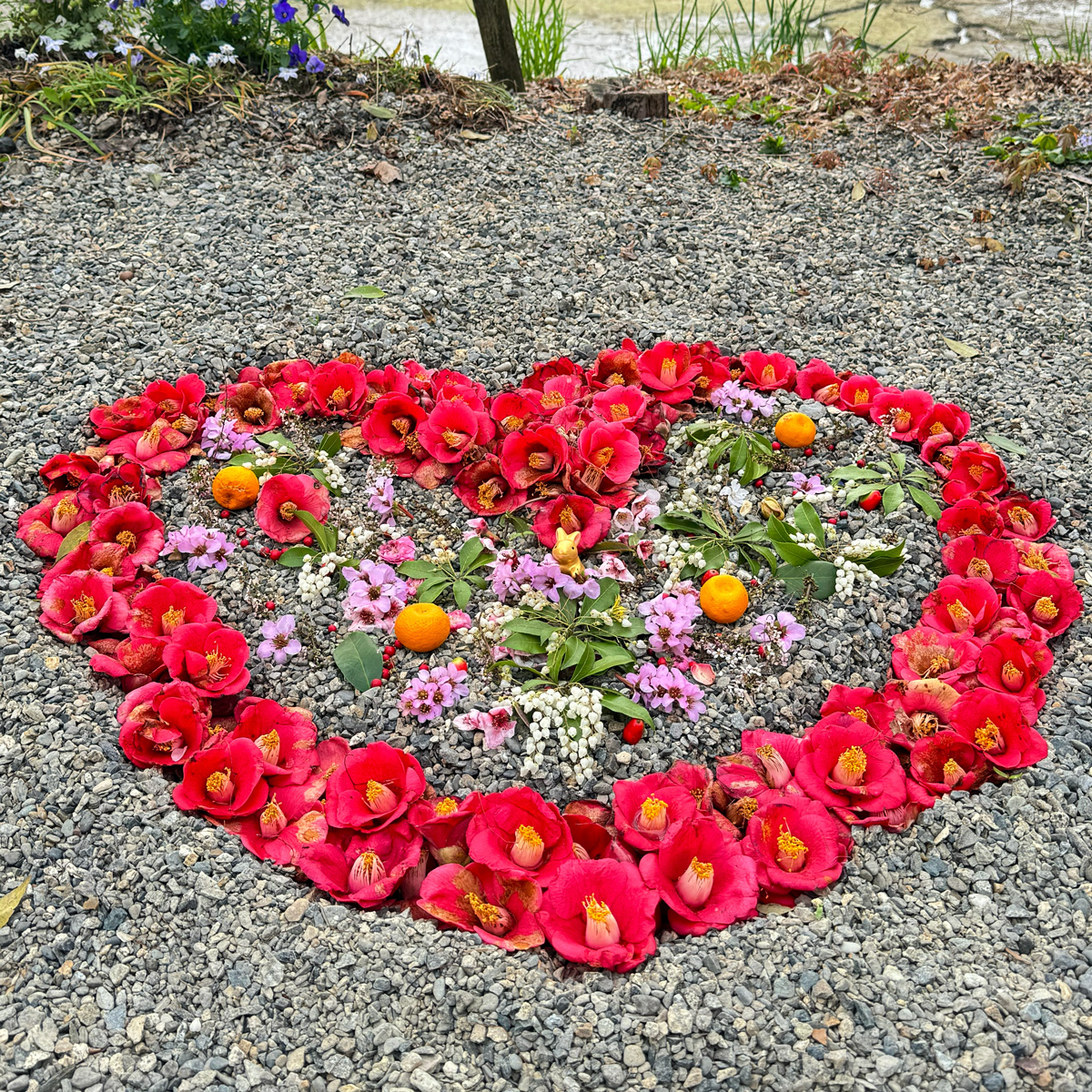 A tiny golden rabbit statue in the center of a heart-shaped flower bed