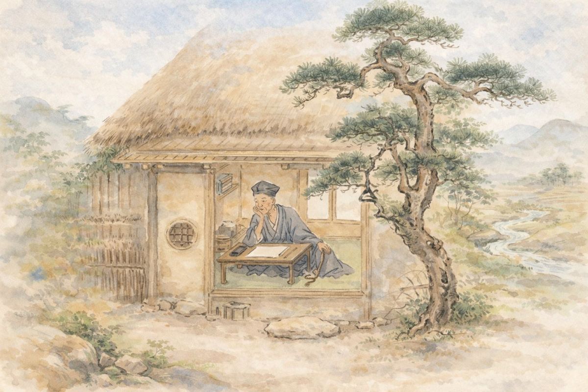 Illustration of Yoshida Kenko resting his chin on his hand while writing inside a hermitage
